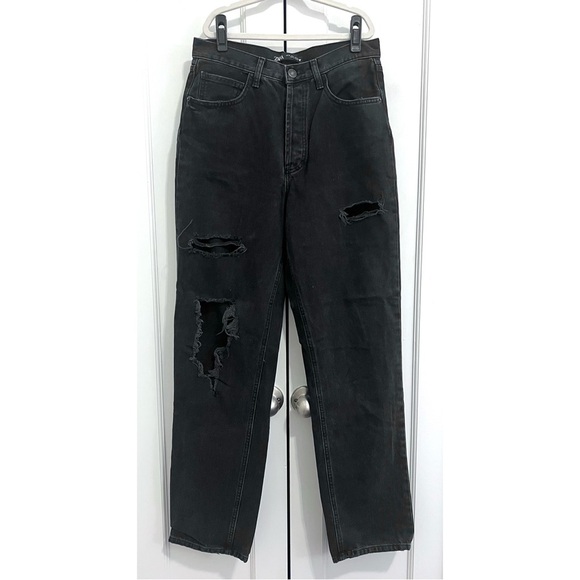 Zara Denim - Zara Distressed High Rise Straight Leg Jeans in Washed Black - Size 6